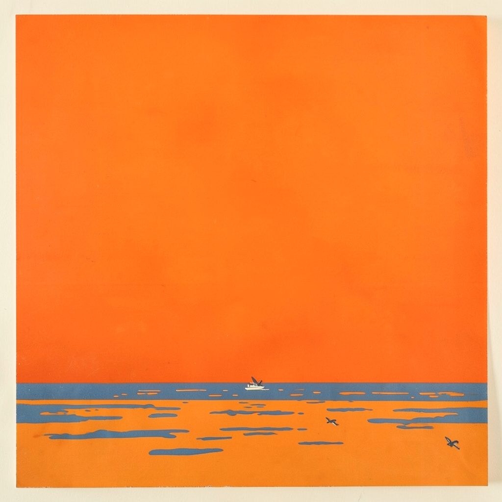 A matte gouache poster painting of a dim seaside scene in muted blue and sandy ochre tones, evoking a quiet strange morning by the water